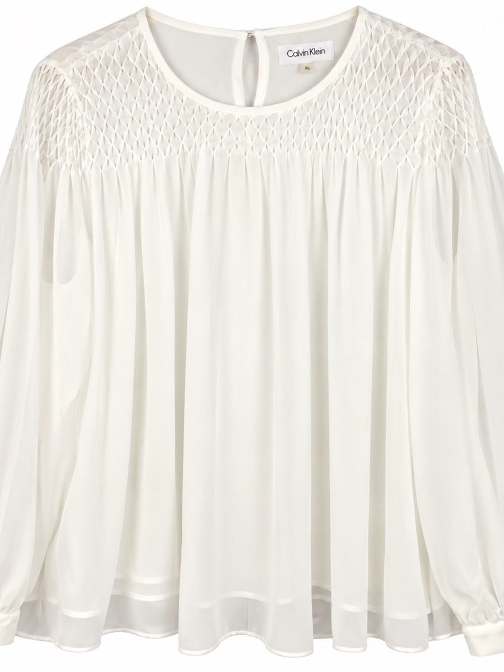 Calvin Klein White Smocked Chiffon Blouse XL